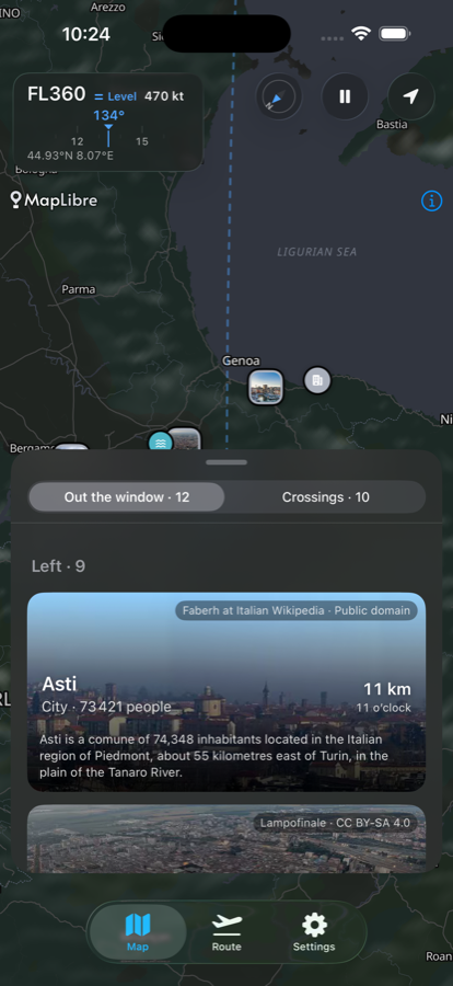 The feed open over the map. A segmented control reads ‘Out
                        the window · 12’ and ‘Crossings · 10’. Below it, ‘Left · 9’,
                        then a card for Asti — city, 73 421 people, 11 km, 11
                        o’clock — with a photograph credited to Faberh at Italian
                        Wikipedia and a written description.