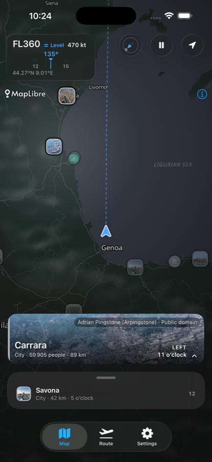 A place card spotlit over the night map, reading ‘Carrara ·
                        City · 59 905 people · 89 km · LEFT · 11 o’clock’, with the
                        rest of the map dimmed behind it.