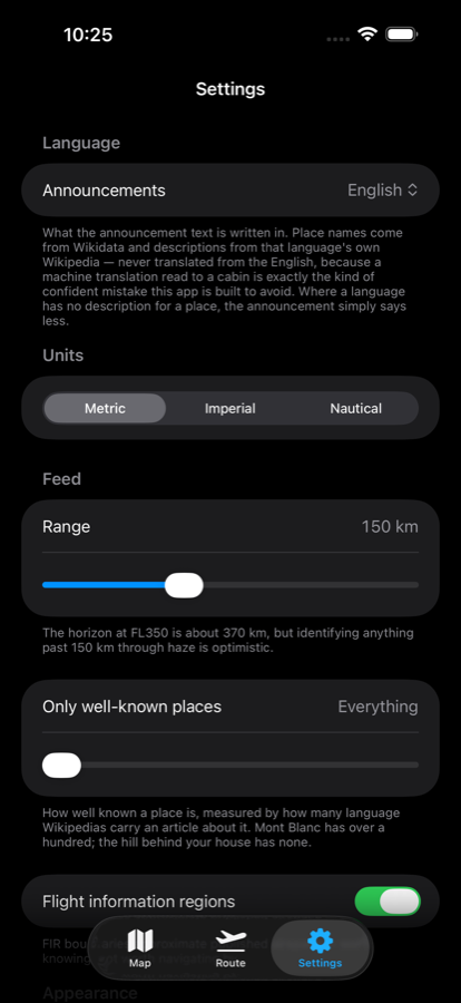 A settings list with an announcements language picker, and
                        the app's own explanation beneath it: descriptions are never
                        translated from the English, because a machine translation
                        read to a cabin is exactly the kind of confident mistake
                        this app is built to avoid.