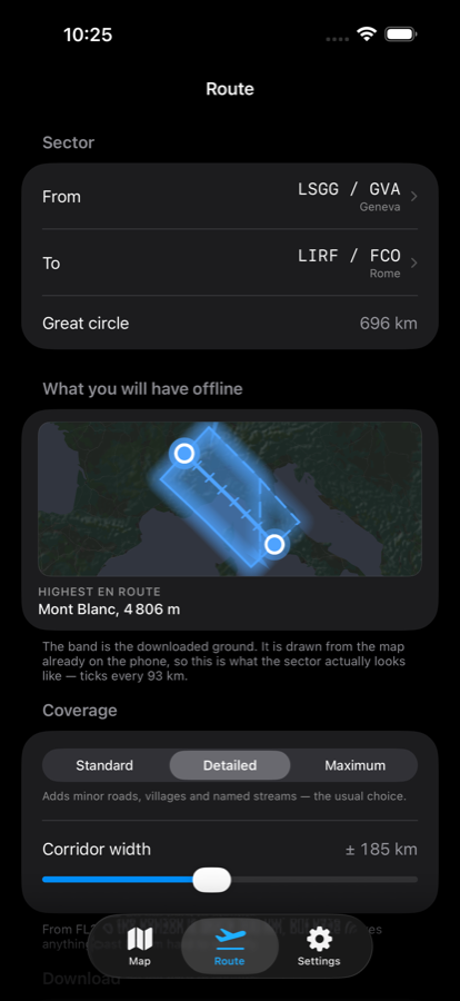 The Route screen: LSGG / GVA to LIRF / FCO, a great circle
                        of 696 km drawn as a corridor band across northern Italy,
                        with Mont Blanc listed at 4 806 m.